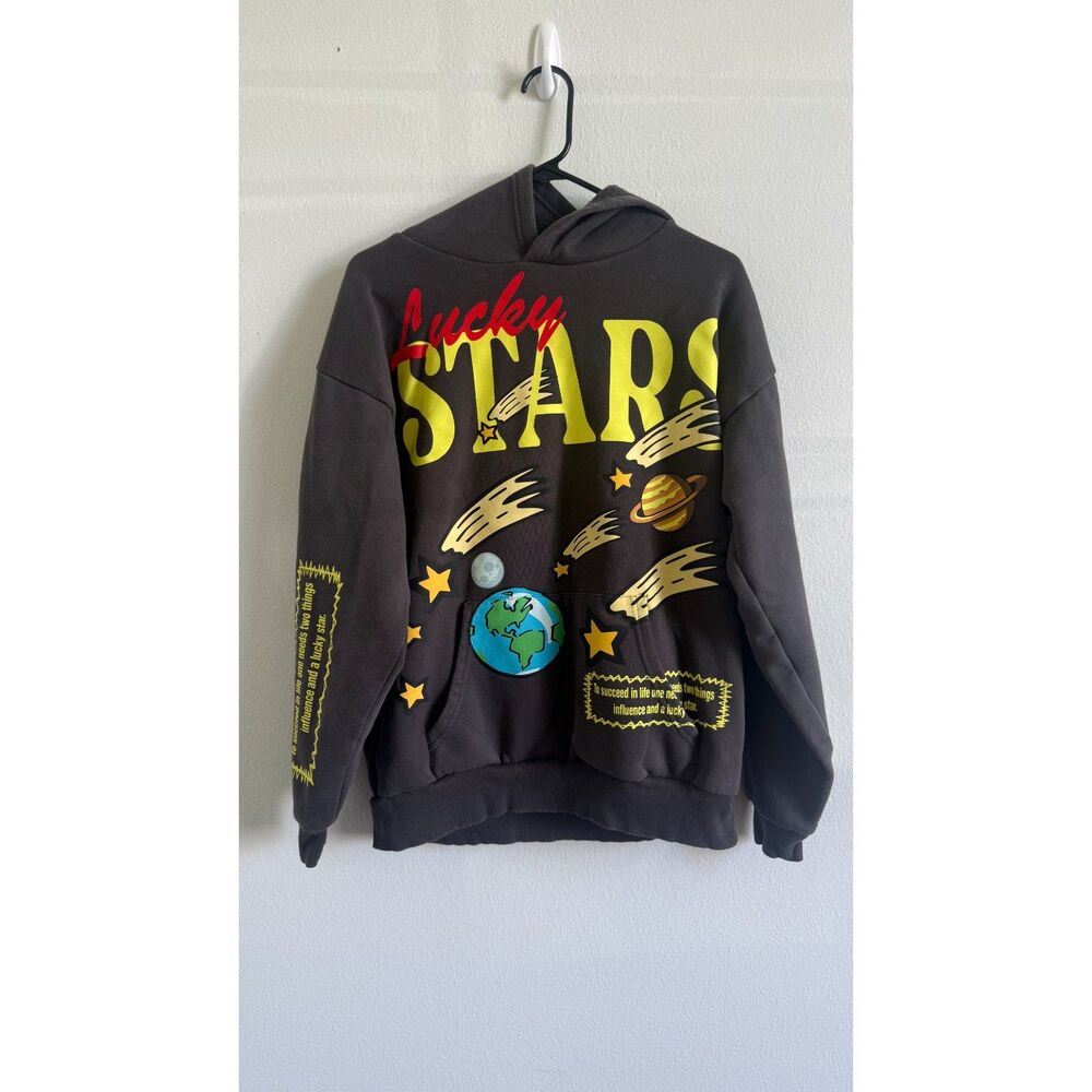 PacSun Lucky Stars Graphic Hoodie Small Gray Oversized Space Planet Pullover